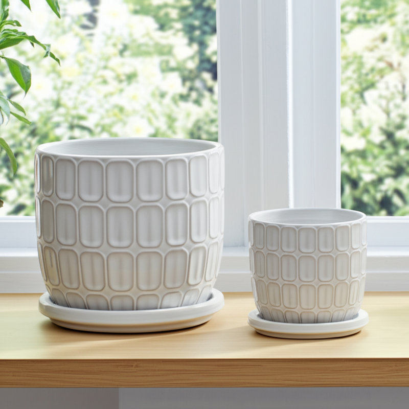  Plateau décoratif décoratif en céramique avec motif - Pots de fleurs d'intérieur élégants avec soucoupe pour patio, salon ou décoration intérieure - ensemble de 2, 8 po, 6 po, blanc