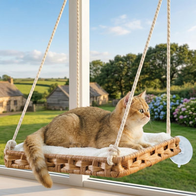 Grand lit de hamac pour chat en rotin PE tissé à la main pour chat d'intérieur, 4 ventouses, coussin à double face lavable, tablette de clôture de 2,3 po pour chatons, naturel