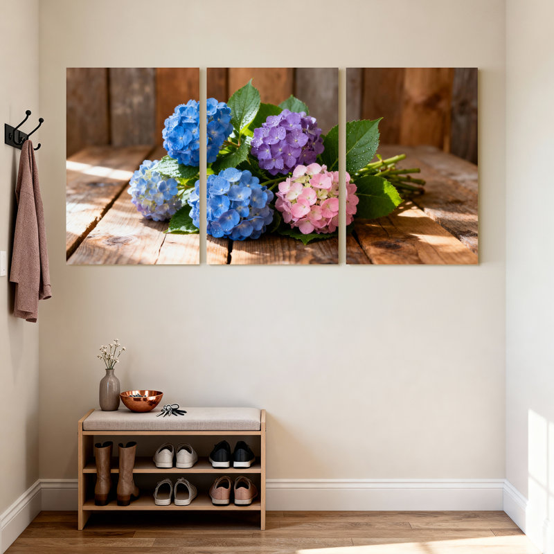 Fleurs d'hortensia sur une table en bois, impression sur toile, ensemble floral (ensemble de 3), H 18 po x l 36 po