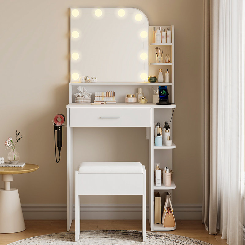 Narien Makeup Vanity Desk with LED Lighted Mirror & Power Outlet Ebern Designs Color: White