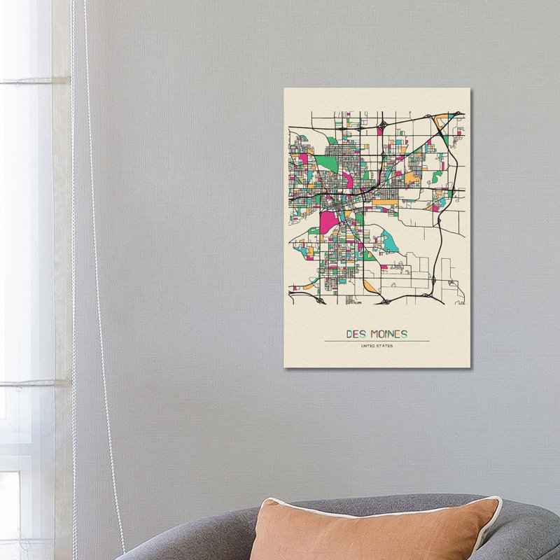 Des Moines, Iowa Map 1 Piece Wrapped Canvas Wall Art, 66.04 cm H x 45.72 cm W x 3.175 cm D