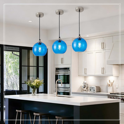 Light Blue Glass Pendant Lights Kitchen Island Lighting Globe Pendant Light Fixtures Modern Pendant Lighting for Bedroom Living Dining Room Light Fixture (7.9 in, 2 Pack)