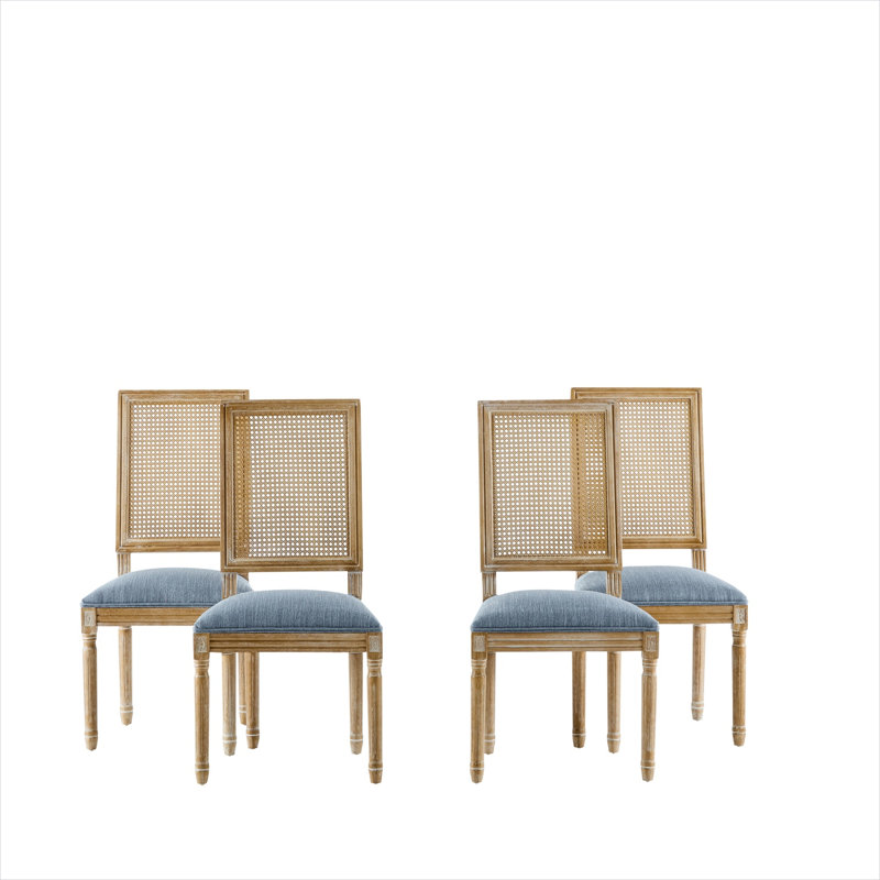 Chaises d'appoint rembourrées en tissu bleu foncé pour la salle à manger - ensemble de 4 avec structure en bois massif - style champêtre français