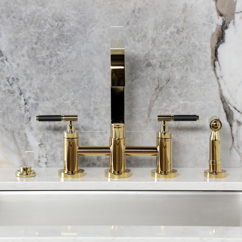 Kingston Brass Kaiser Two-Handle 4-Hole Deck Mount Bridge Kitchen Faucet with Brass Side Sprayer, Polished Brass