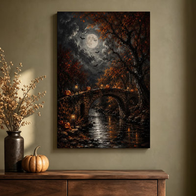 Tableau sur toile tendue représentant un pont de lanternes gothique pour l'Halloween, avec citrouilles et lune, 61 x 91 cm