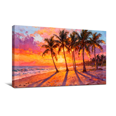«Plants & Flowers Sunset Palm Beach Tropical Paradise», reproduction d'art sur toile