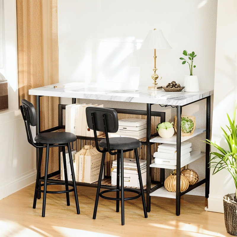3-piece Dining Room Table And Chairs Set For 2, Kitchen Island With Storage Small Dining Table With 5 Storage Shelves, Modern Bistro Table And Chairs Set With 2 Pu Stools For Apartment, Small Space
