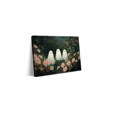 Vandlife Halloween Canvas Wall Art Three Minimalist White Ghosts Surrounded By Pink Blooms With Yellow Centers On Dark Green Painting Prints For Living Room Home Fall Decor Framed 30X20in
