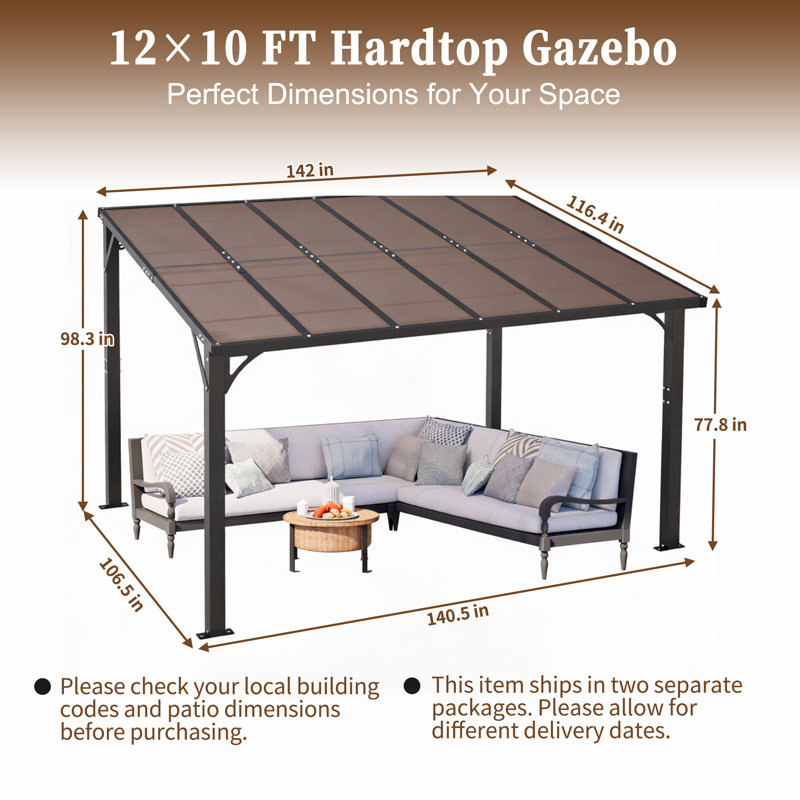 Pergola adossée à toit rigide 12 x 10 pi avec toit en polycarbonate teinté pour salle à manger extérieure, 12×10 FT