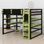 Élégant lit mezzanine en bois avec bureau intégré, support de rangement et lumière RVB-383990186-383990184