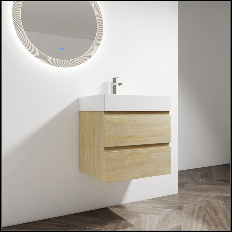 24" Wall-Mounted Bathroom Vanity With Resin Sink, 2-Soft Close Drawers