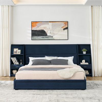 Modern King Size Upholstered Bed Frame With All-In-One Storage Headboard & 2 Drawers With Integrated Open Shelves