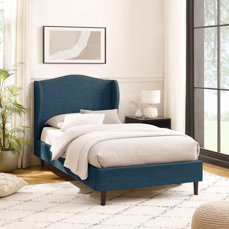 Lit plateforme en lin Eycke Manor Aliannah, Double TG, Bleu marine