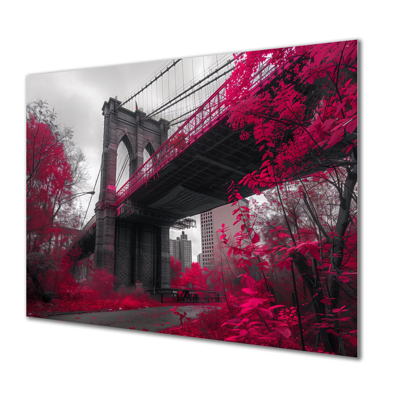 Rose, gris, pont de Brooklyn, New York, reproduction d'art murale - pont, Métal métal, H 16 po x l 32 po x P 1 po