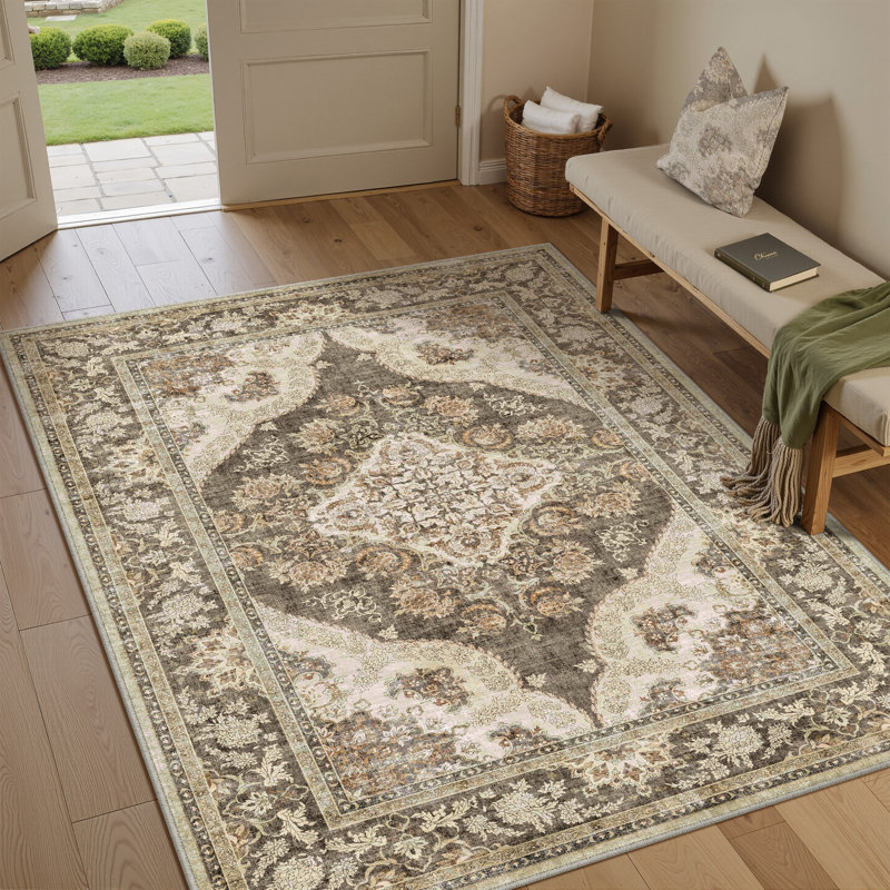 Elaine Machine Washable Oriental Area Rug With Non-Slip Backing, Rectangle 5' x 7'