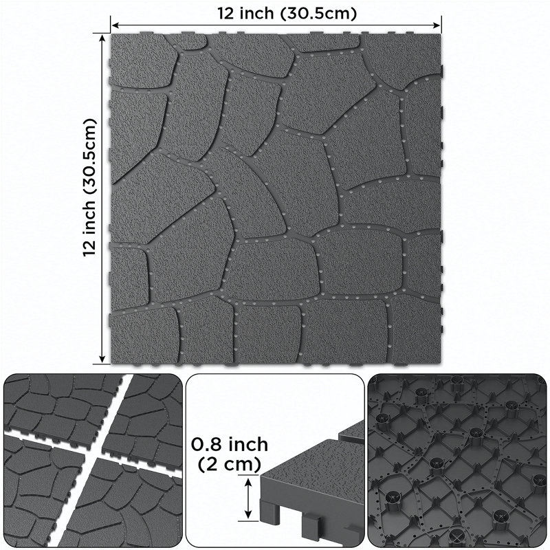 Nouvelle tuile de patio de 12 po à texture de pierre, tuiles de terrasse à emboîtement de module de bricolage, tuiles de cour faciles et rapides à installer pour le porche de la cour arrière du balcon de la piscine 44 pièces GRIS FONCÉ