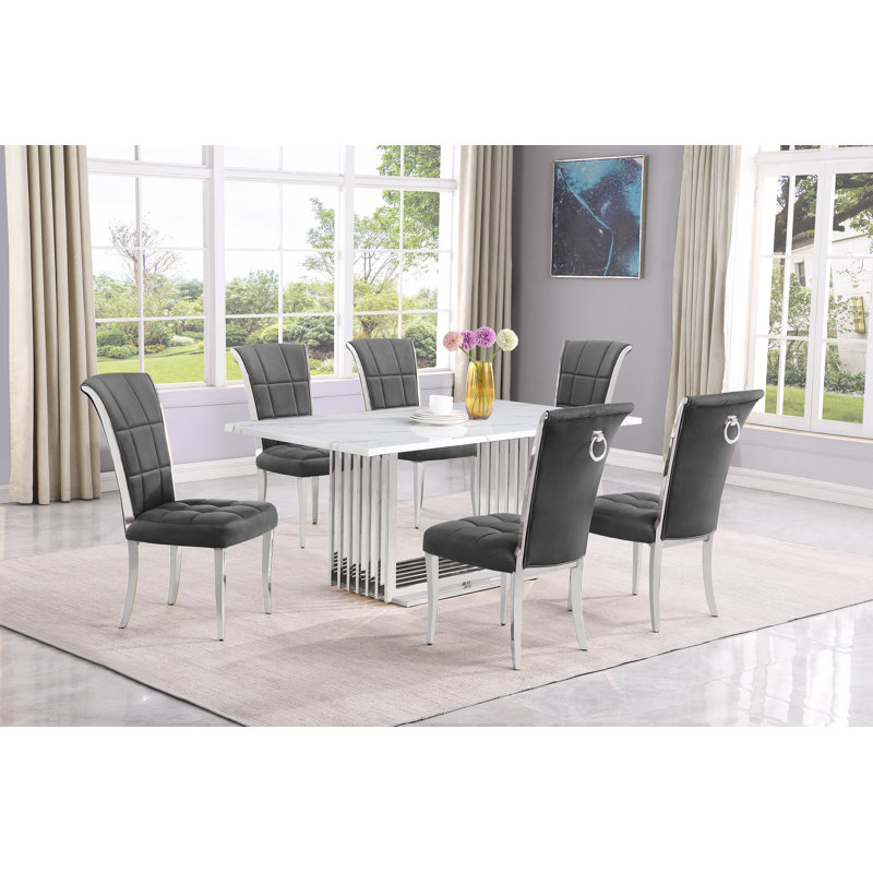 Kernisha Marble Top Pedestal Dining Set, 7, Cream, Silver