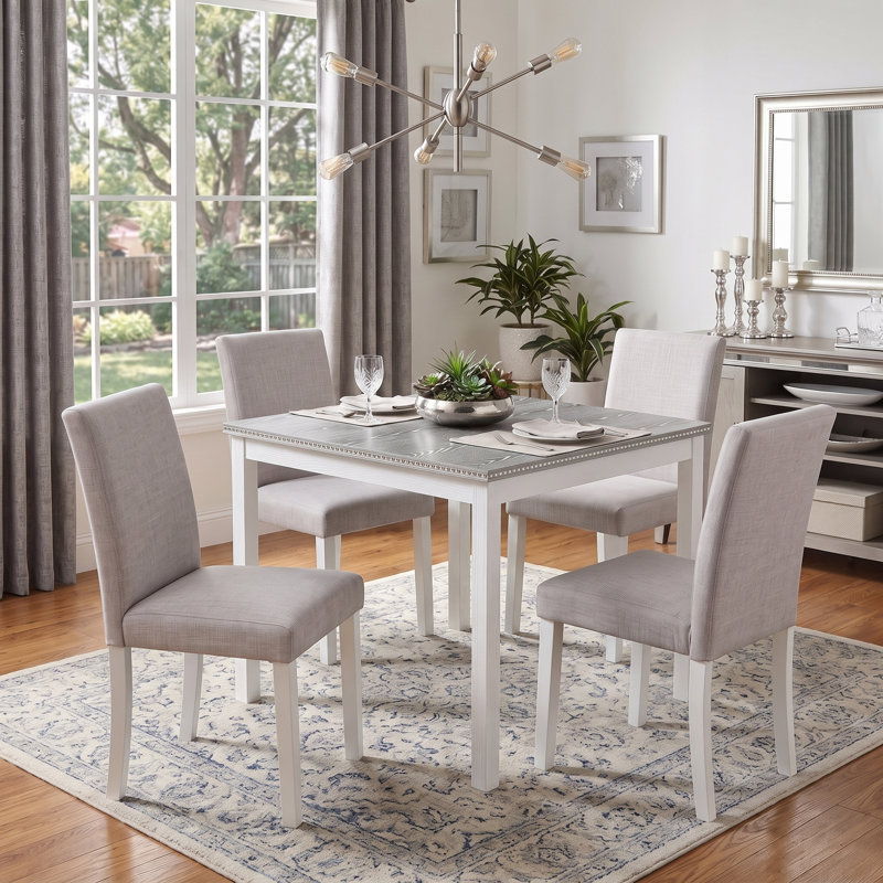 Ensemble de table de salle à manger 5 pièces avec garniture en cristal, 4 chaises rembourrées pour la salle à manger et la cuisine, finition blanche