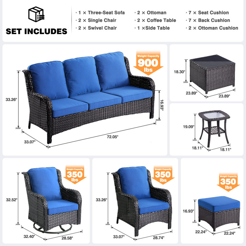 Guillen 7 - Person Patio Conversation Set with Cushions, Blue, Brown