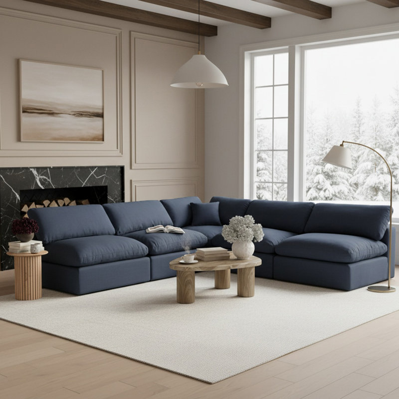 Canapé modulaire 5 pièces rembourré, Tissu texturé en lin bleu marine