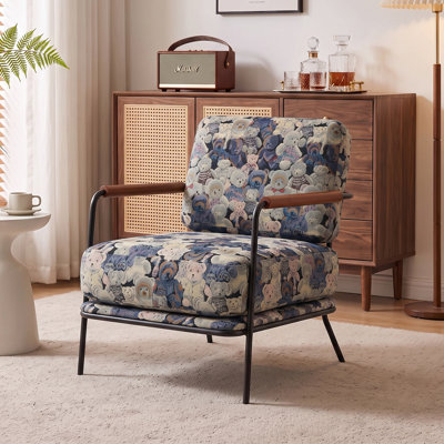 Fauteuil d'appoint rembourré de style Mid-Century avec structure en métal et accoudoirs en bois