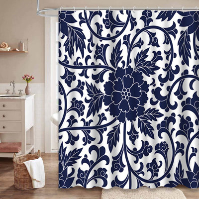 Seamless Chinese Floral Flower Blue Shower Curtain with 12 Hooks