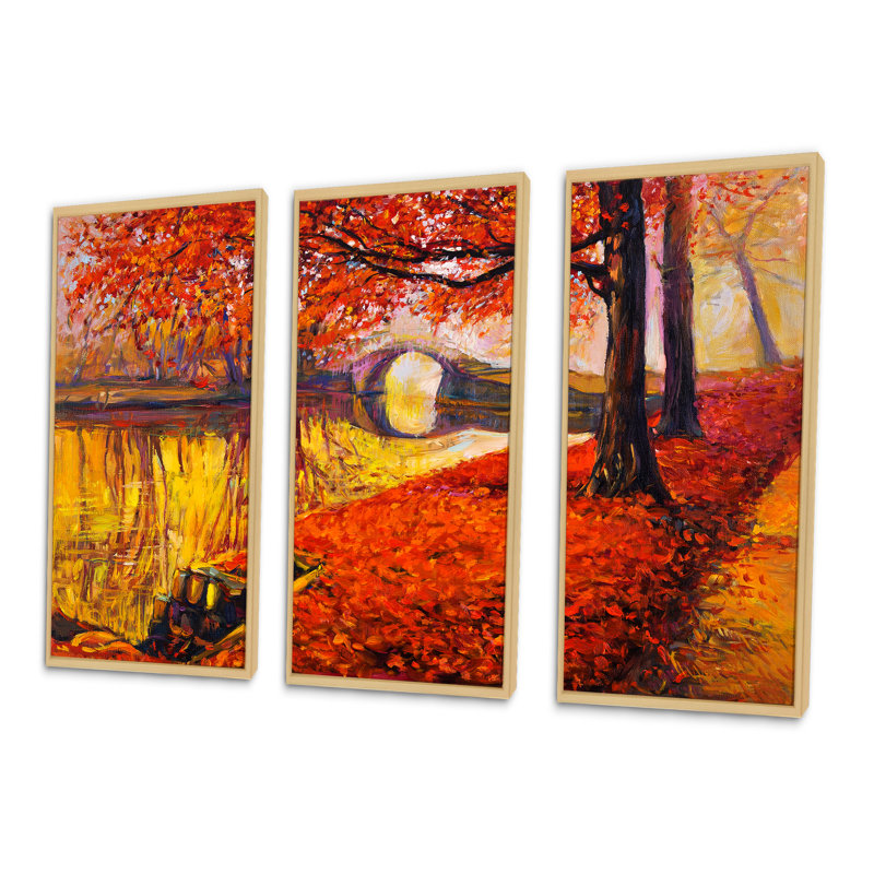 «Little Bridge In Orange Autumn Landscape I», peinture sur toile 3 pièces, H 28 po x l 36 po, Brun
