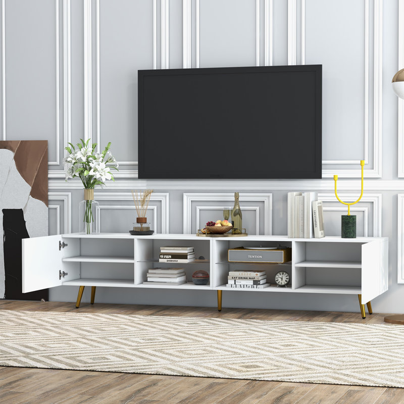 Digno 86.6" TV Stand with LED, and Cabinet Storage, White