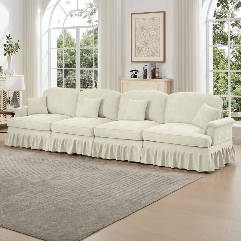 Canapé doux en chenille 4 places avec plis évasés, détachables et pieds fuselés, salon Mid-Century, accoudoirs de siège beige blanc, jupes à plis,
