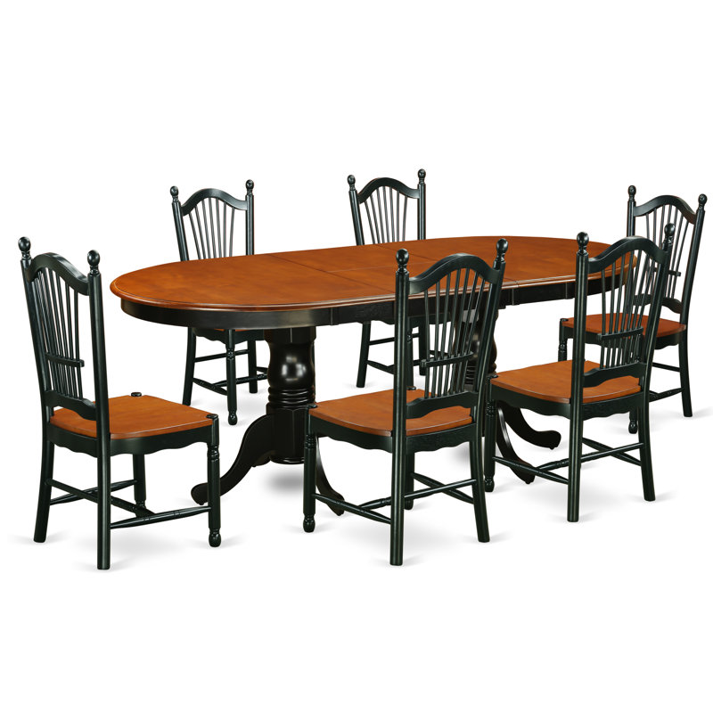 Ensemble de table de salle à manger 7 pièces composé d'une table ovale en bois avec papillon et 6 chaises de cuisine, noir et cerise