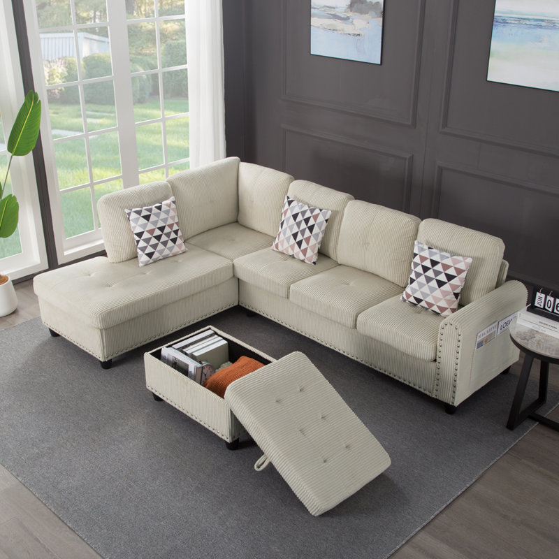 3 - Piece Upholstered Sectional, Beige Corduroy