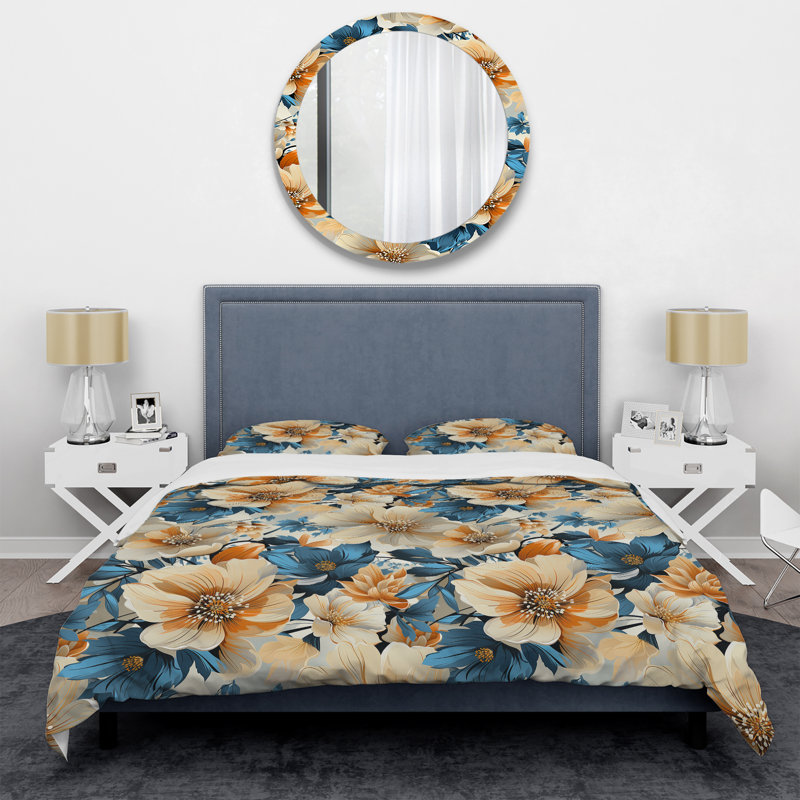 Ensemble de housse de couette à motif floral rétro beige et bleu Floral Nostalgia