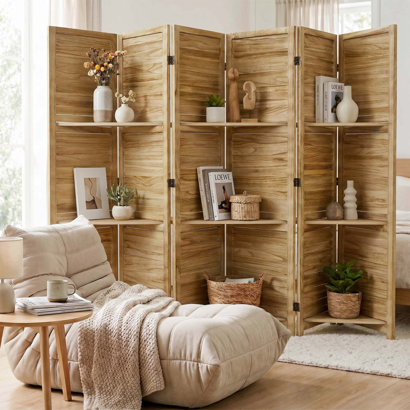 Paravent en bois 5,6 pi avec tablettes intégrées et charnières doubles - Paravent réversible, 6, Bois