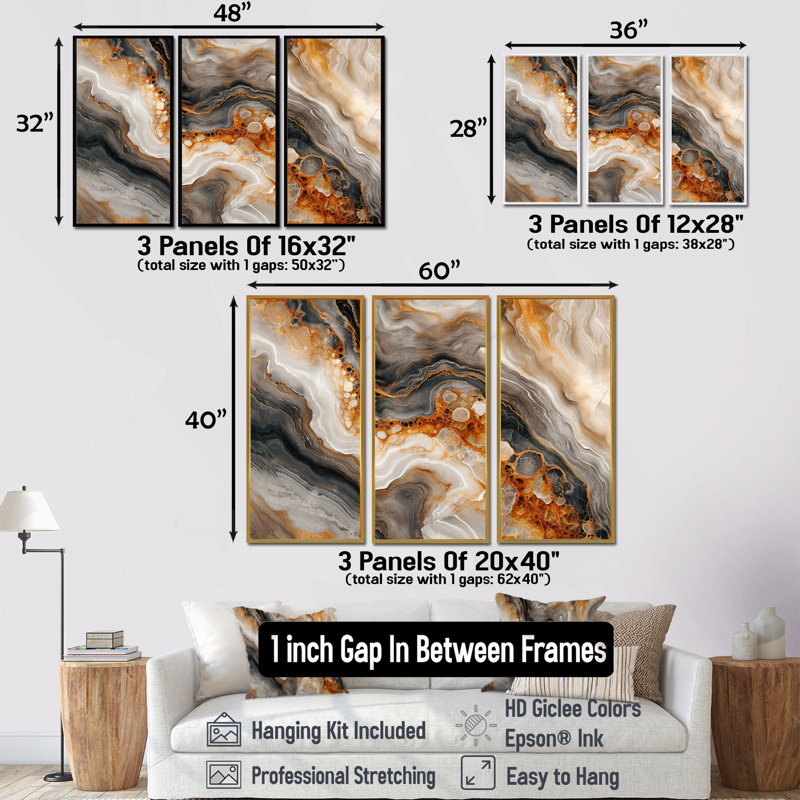 Ensemble de salon mural en marbre gris agate Slab Structures, Cadre flottant doré, H 40 po x l 60 po x P 1 po