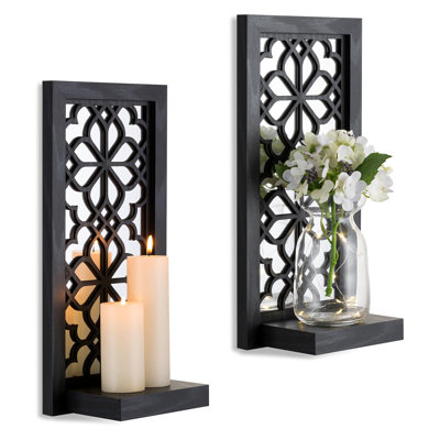 Wall Candle Holder Set of 2 with RealMirror,Wooden Window Grille Pattern,Black