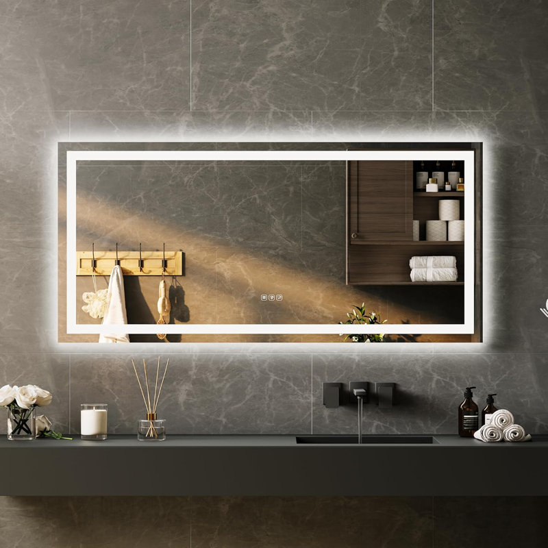 Miroir de salle de bain avec lumières, à intensité variable, anti-buée, rétro-éclairé et éclairé à l'avant, miroir de salle de bain intelligent pour mur, fonction mémoire, incassable (horizontal / vertical)