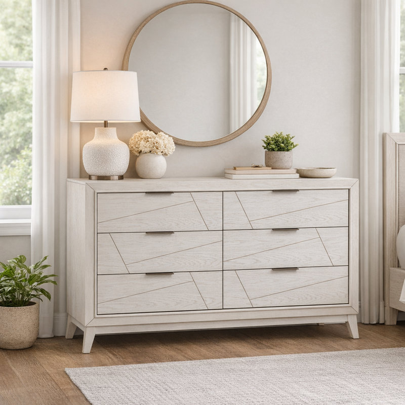 Commode 62 pouces Zine, 6 tiroirs, bois blanc antique, poignées noires
