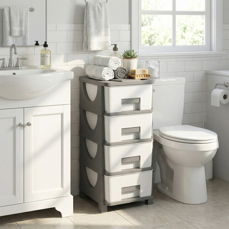 Organiseur de rangement compact en plastique avec 4 tiroirs et table d'appoint