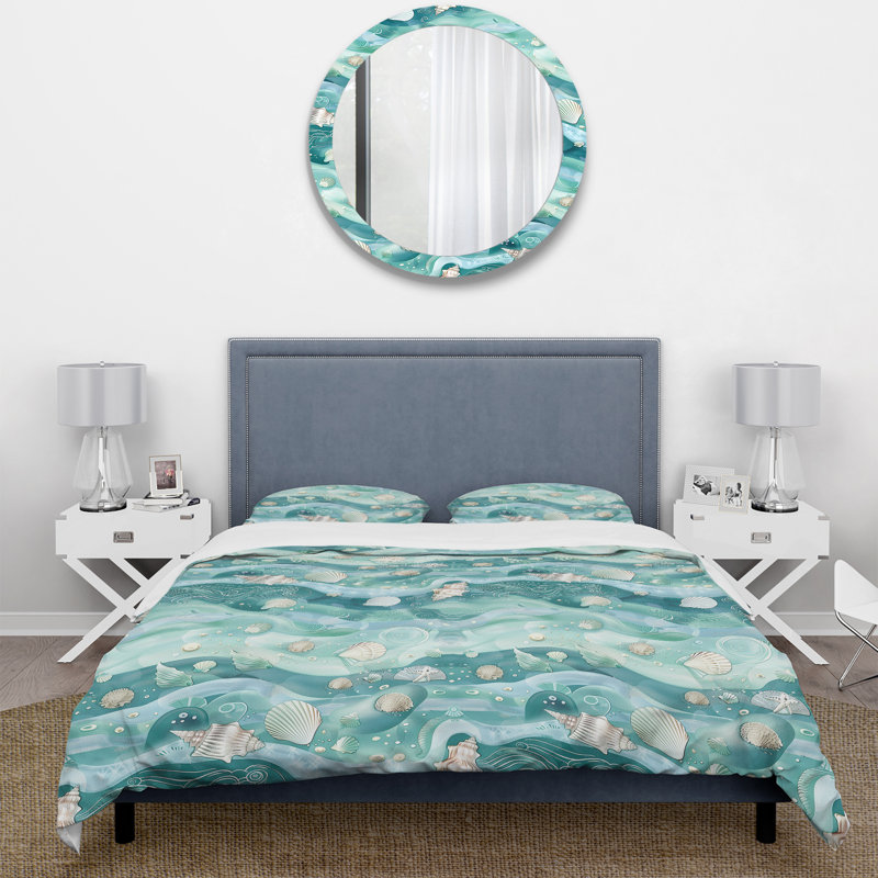 Ensemble de housse de couette Blue Cream Seashell Wave Treasures - Boho, Housse de couette très grand + 2 taies décorativ