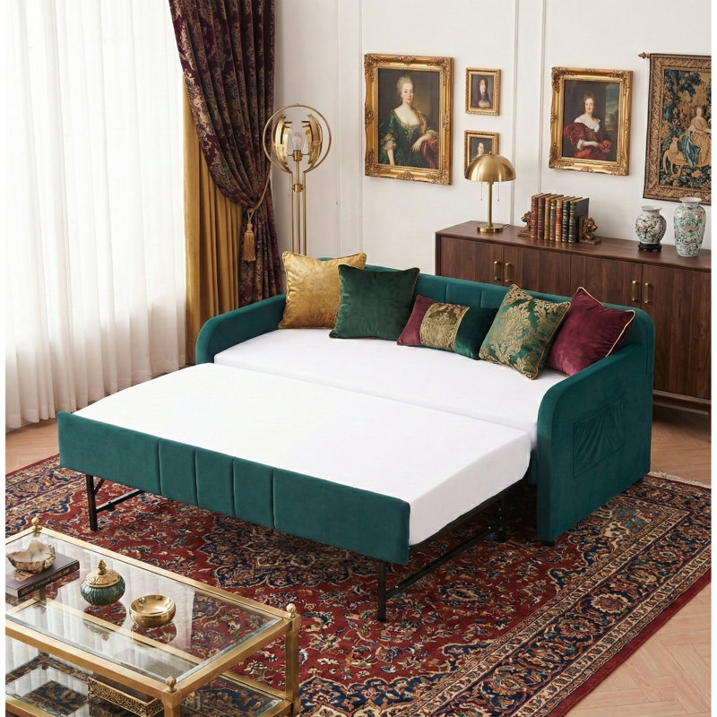  81.6" Twin Size Upholstered Daybed with Pull-Out Trundle - Velvet Sofa Bed Frame with Wood Slat Support - No Box Spring Needed