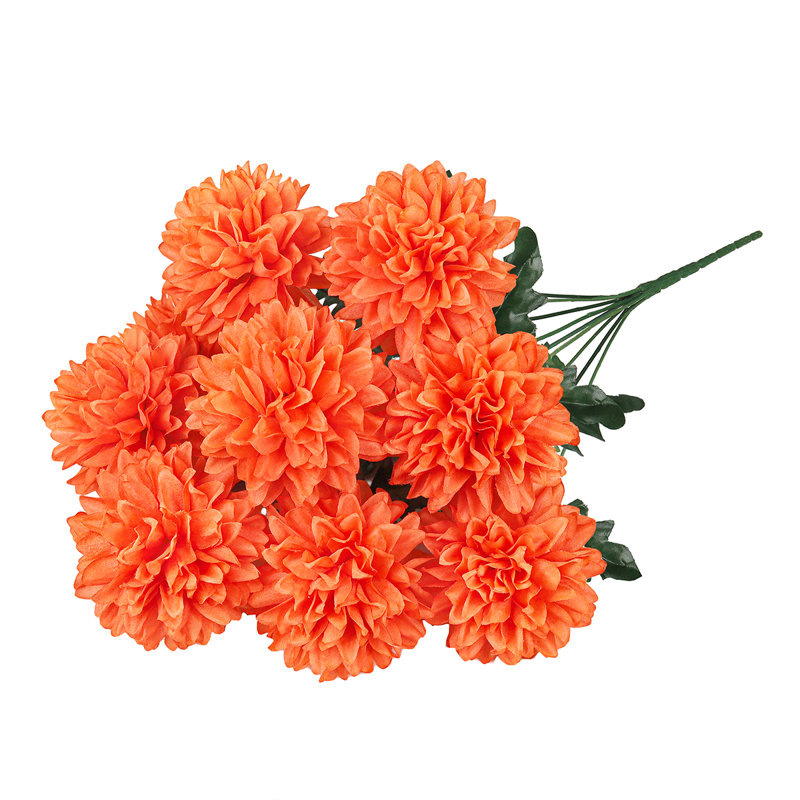 Artificial Ball Mum Pom Pom Flower Bush, Orange
