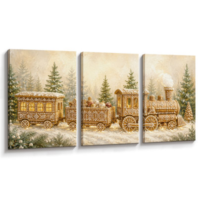 Art de Noël en train de pain d'épice de Noël, photos de salon, estampe numérique 3 pièces, 24 po x 36 po x 3 pièces