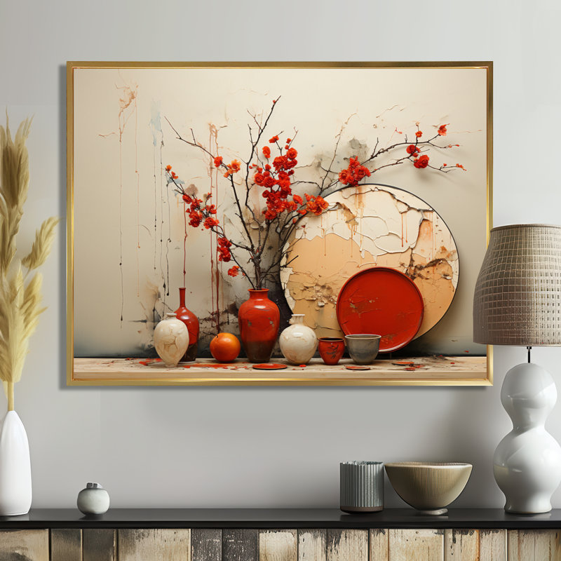 Vase rouge fleurs rouges séchées, Toile avec cadre flottant or, H 24 po x l 32 po x P 1 po