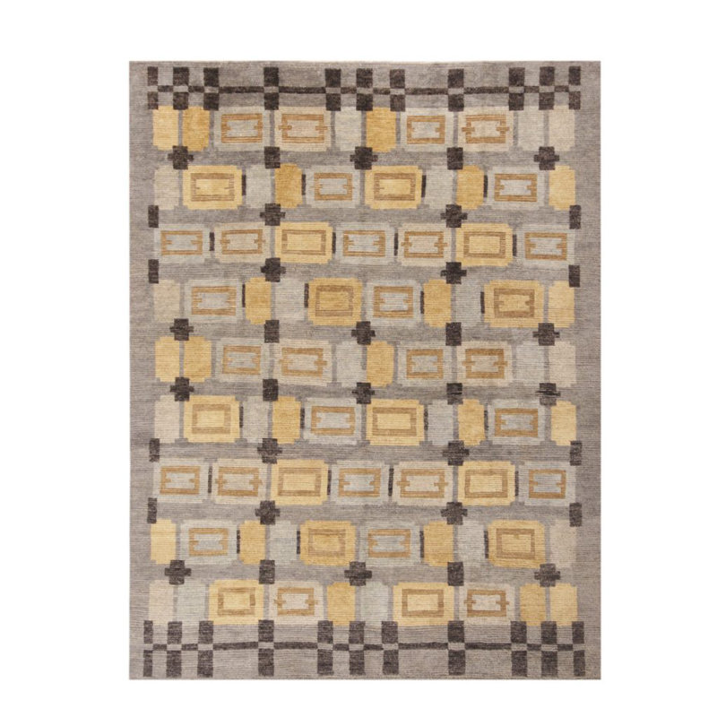 Rug & Kilim’S Scandinavian-Inspired Geometric Gray And Gold Wool Pile Rug, Rectangle 10' x 14'