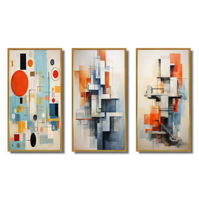" Blue Orange Mid Century Abstract Retro " 3 - Pieces