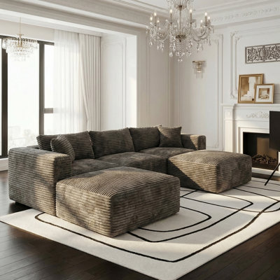 111" U/L Shape Cloud Modular Sectional Sofas with 2 Ottomans, Luxury Durable Corduroy Compression Couches, No Assembly Required for Living Room Khaki  Sofa