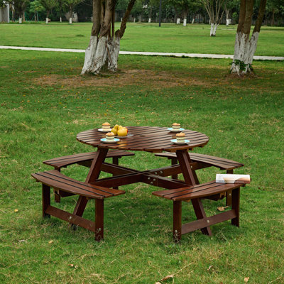 Outdoor 8 Person Picnic Table, 8 Person Round Picnic Table With 4 Built-In Benches, Umbrella Hole, Outside Table And Bench Set For Garden, Backyard, Porch, Patio