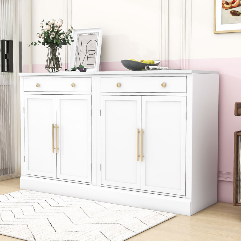 Garde-manger moderne 2 pièces avec tablettes réglables, tiroir et plateau en faux marbre, Blanc