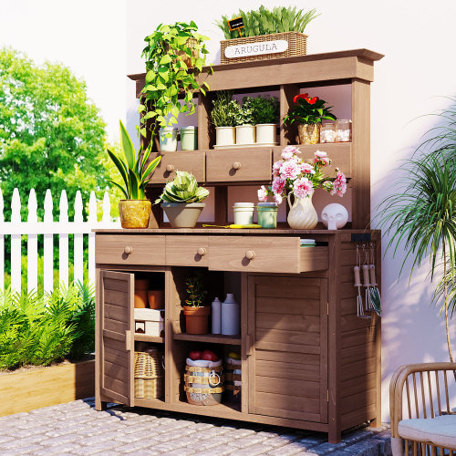 Banc de rempotage en bois de sapin 65,7 ", 6 tiroirs + 2 armoires + 3 tablettes, brun, Brun