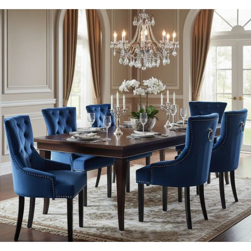 Chaise parsons capitonnée en velours, Bleu, 1